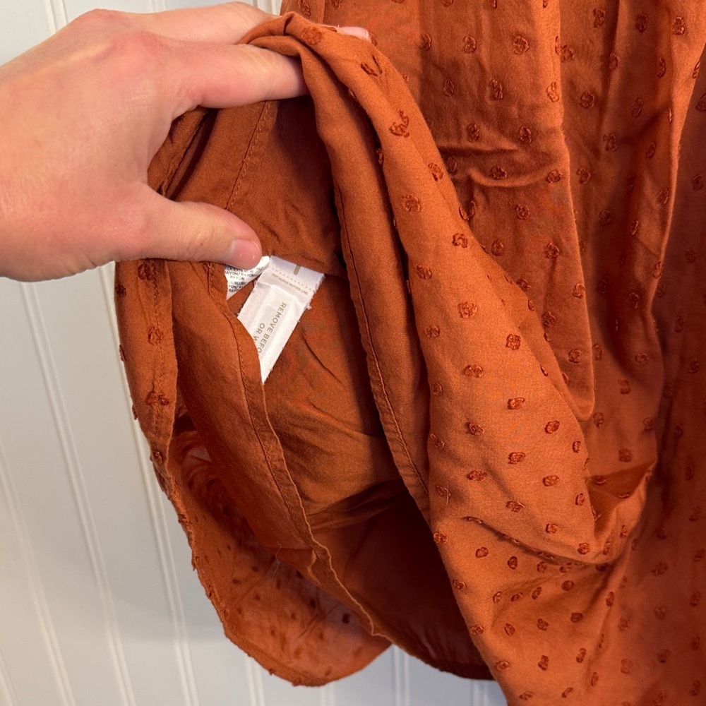 LOFT Swiss Dot Adjustable Spaghetti Strap Swing Dress Burnt Orange Size Medium - Picture 3 of 8